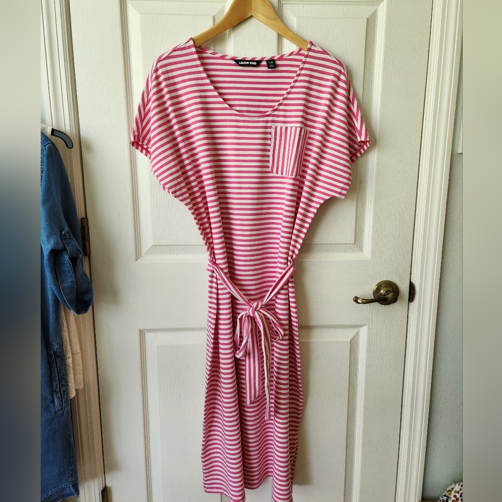 Lands End Pink And White Striped Knit Midi Dress Size L